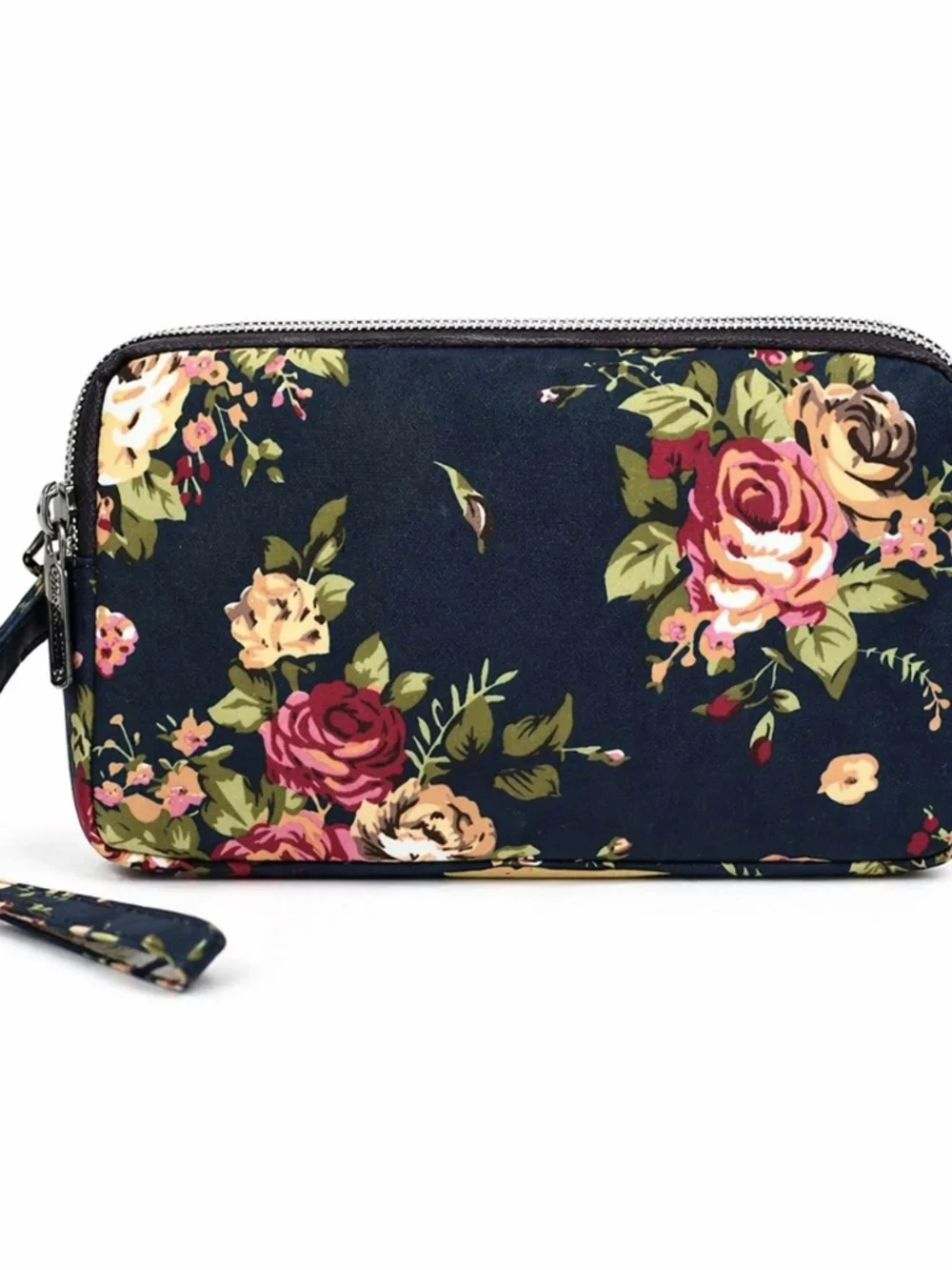 Floral Print Navy Blue Base Small Purse or Makeup Cosmetic Wristlet