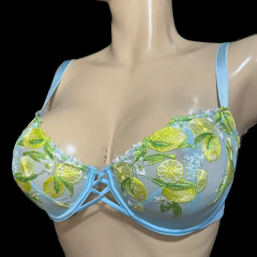 Victoria’s Secret Push Up without the padding lemon embroidered mesh blue 36DDD