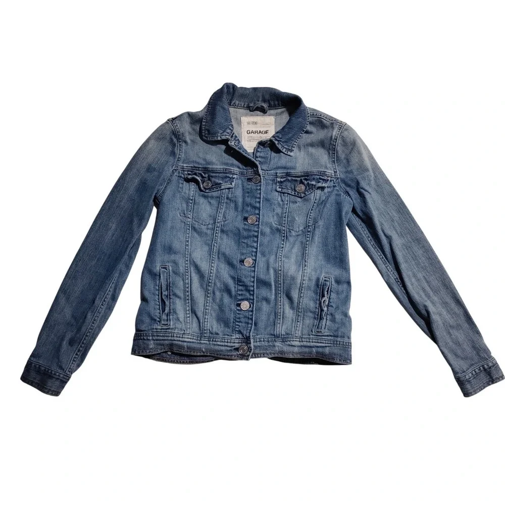 Garage Girlfriend Denim Jacket Womens Small Medium Wash Blue‎ Stretch Jean Coat