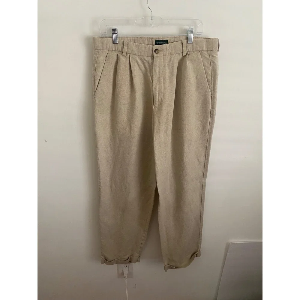 Dockers Premium Mens 34x30 Linen Cotton Blend Pleated Relaxed Fit Pants Khaki‎
