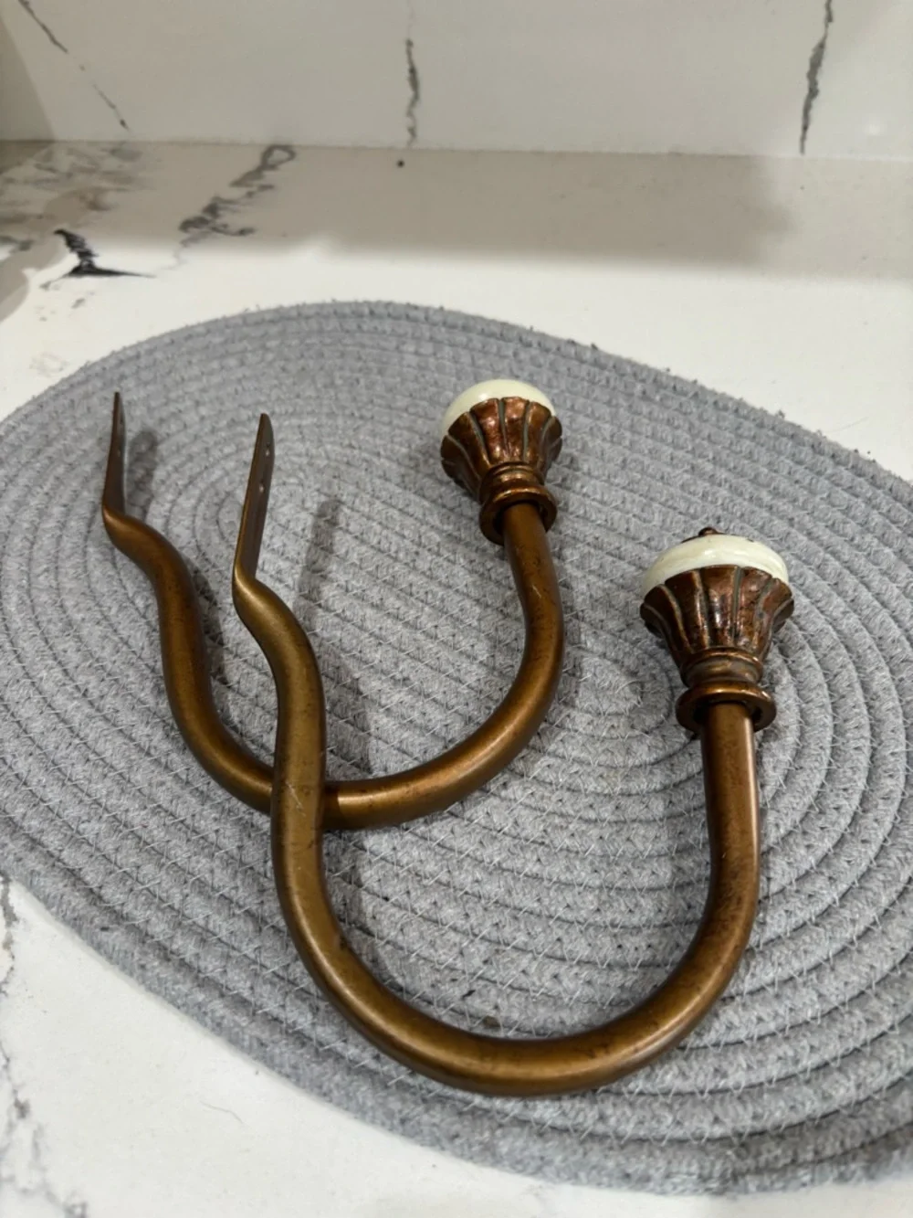 Decorative Curtain Holdback Pair in Antique Bronze with Cream Accents