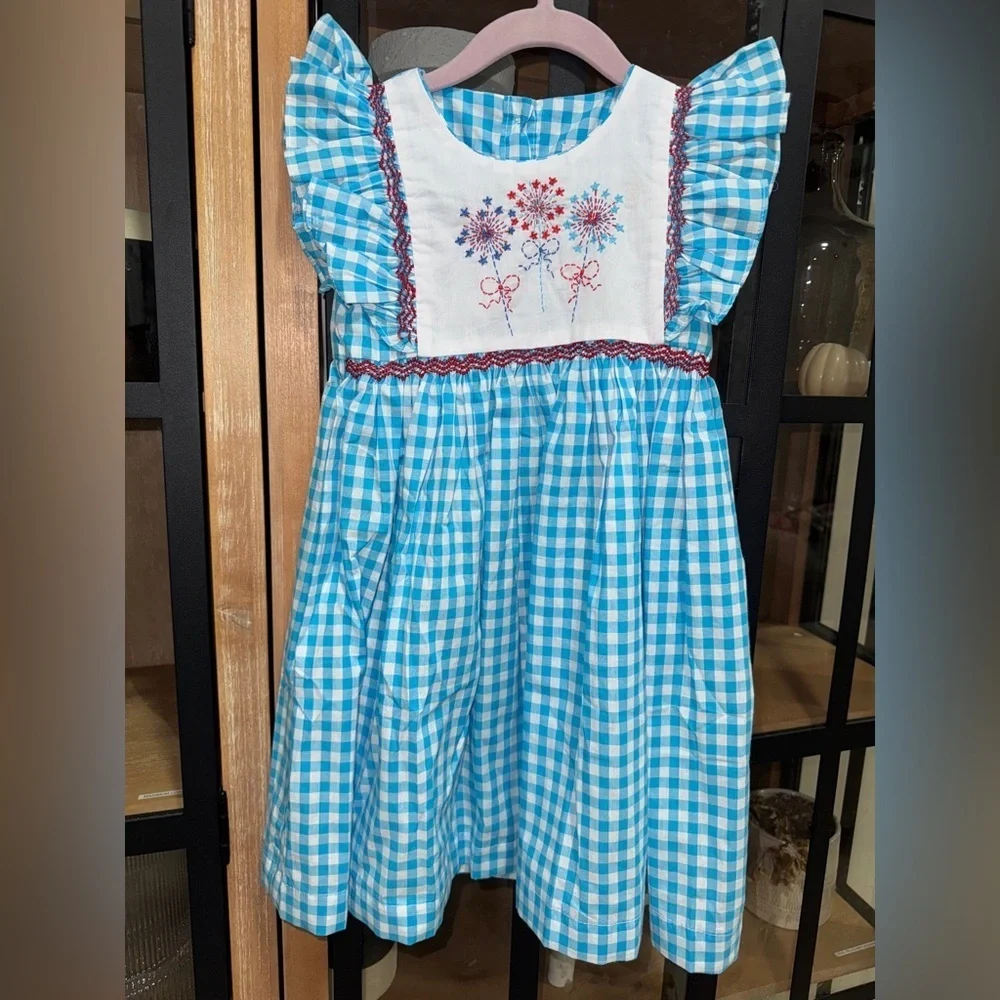 NWT fireworks dress embroidered smocked gingham avignon usa 4th of july toddler