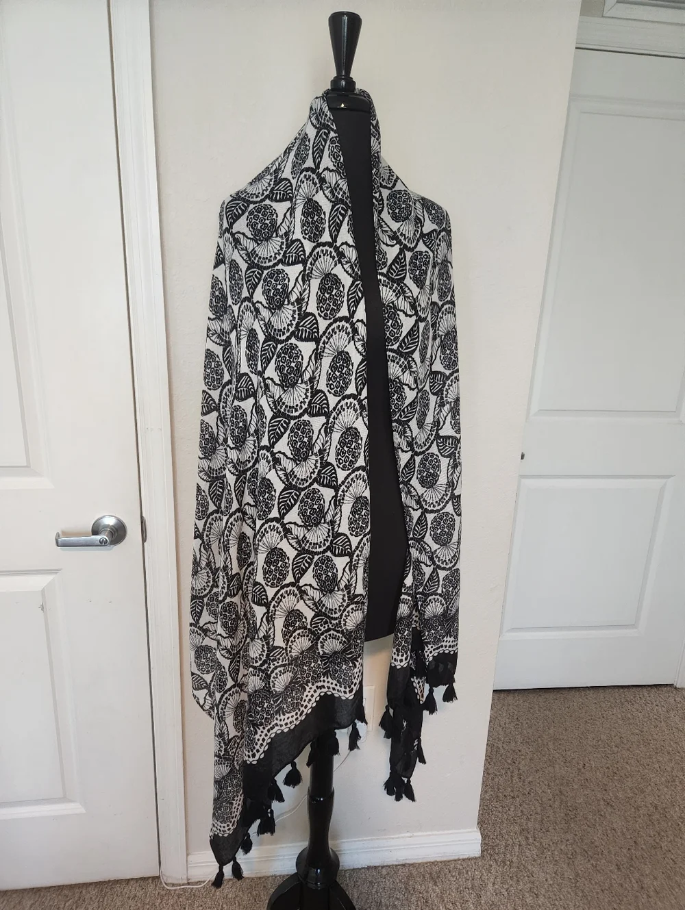 Lilly Pulitzer Black and White Floral Tassel Wrap Scarf