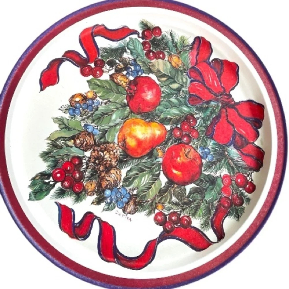 Vintage metal tray, Della Robbia style, fruit and ribbon, no scratches on front