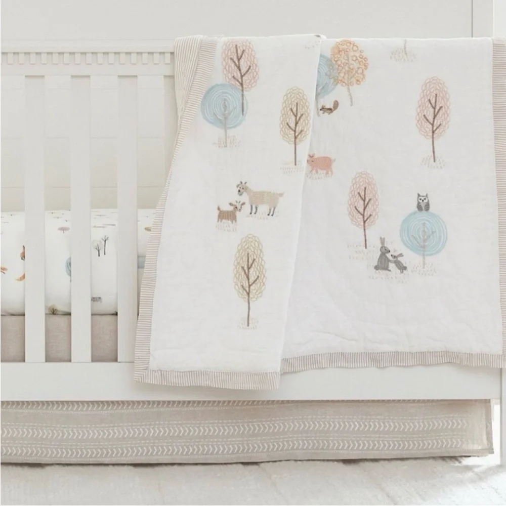 Pottery Barn Kids Woodland Animals Quilted Baby Blanket for crib 100% cotton