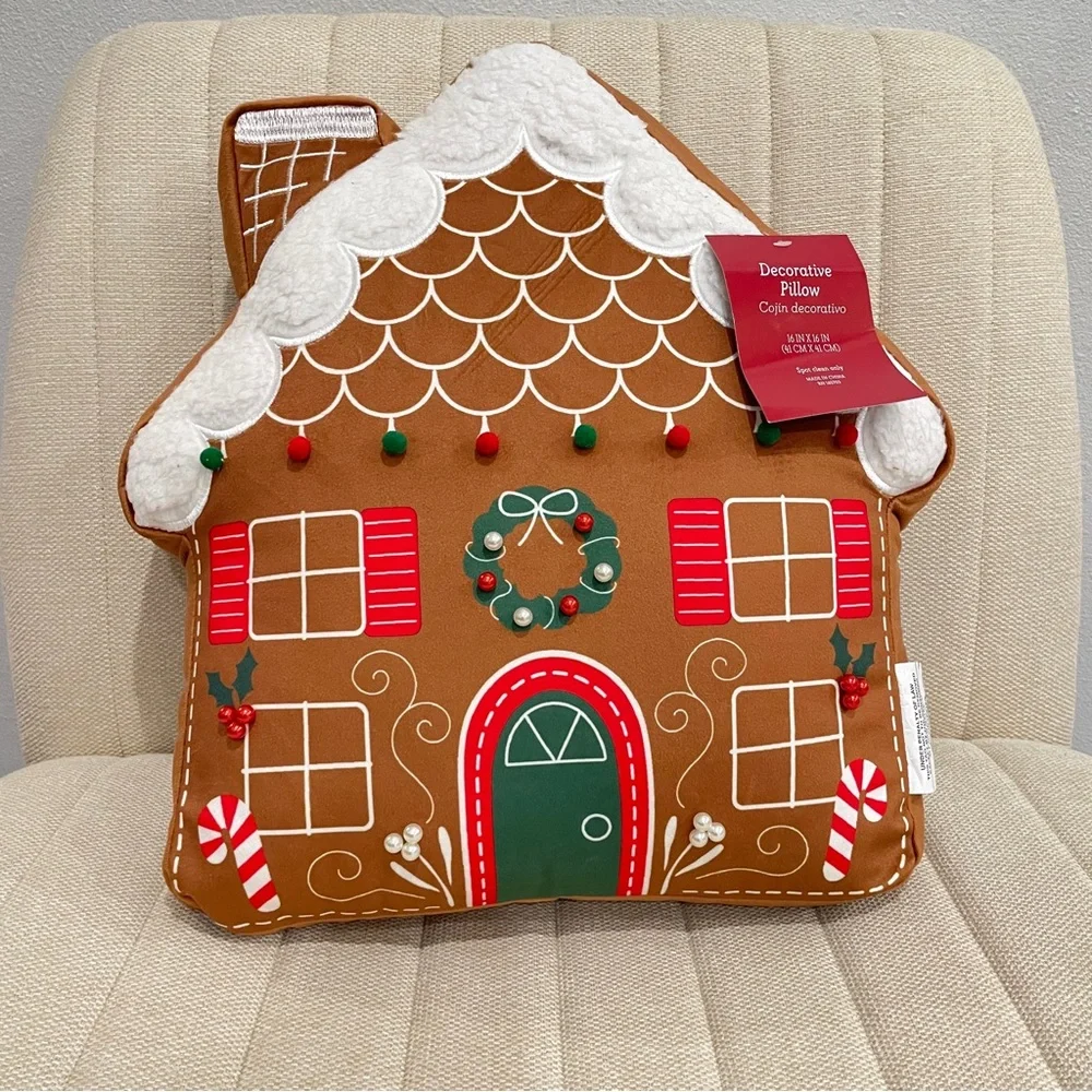 NEW Gingerbread House Christmas Decorative Pillow 16x16 Holiday Plush Pom Pom