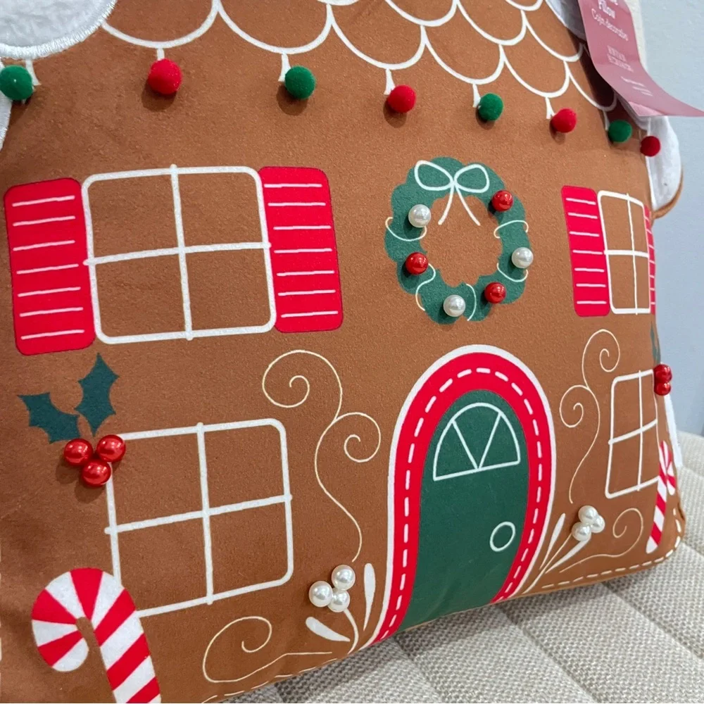 NEW Gingerbread House Christmas Decorative Pillow 16x16 Holiday Plush Pom Pom