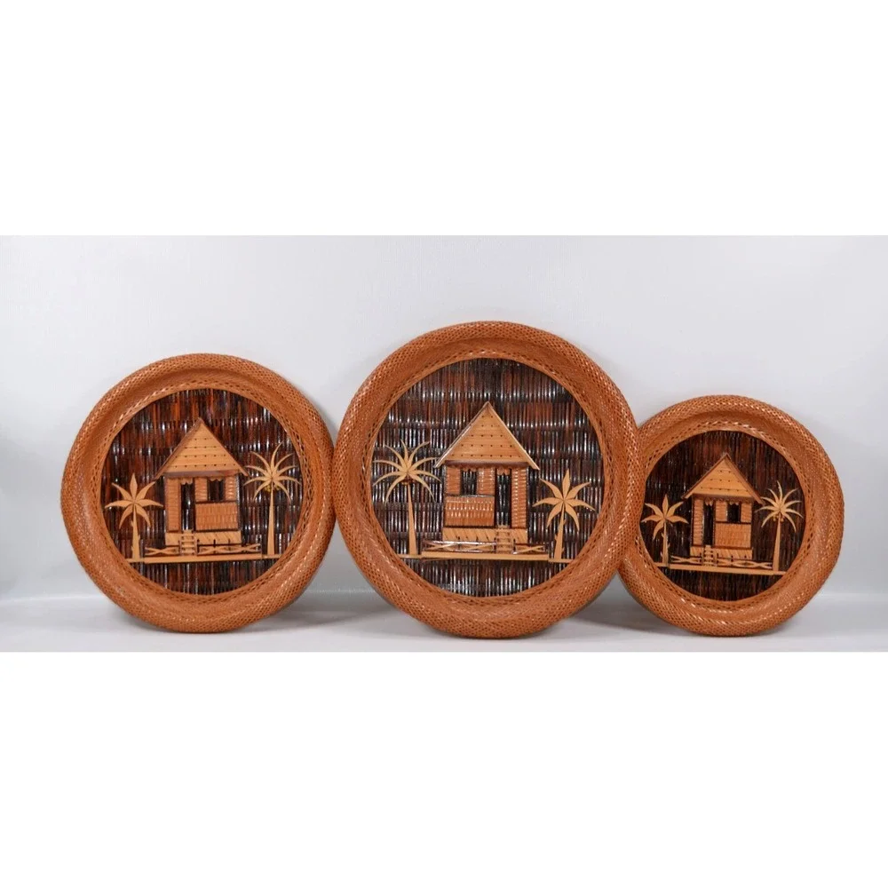 VTG Hand Woven Bamboo Wicker Philippines Round‎ Hanging Wall Home Decor Lot Of 3