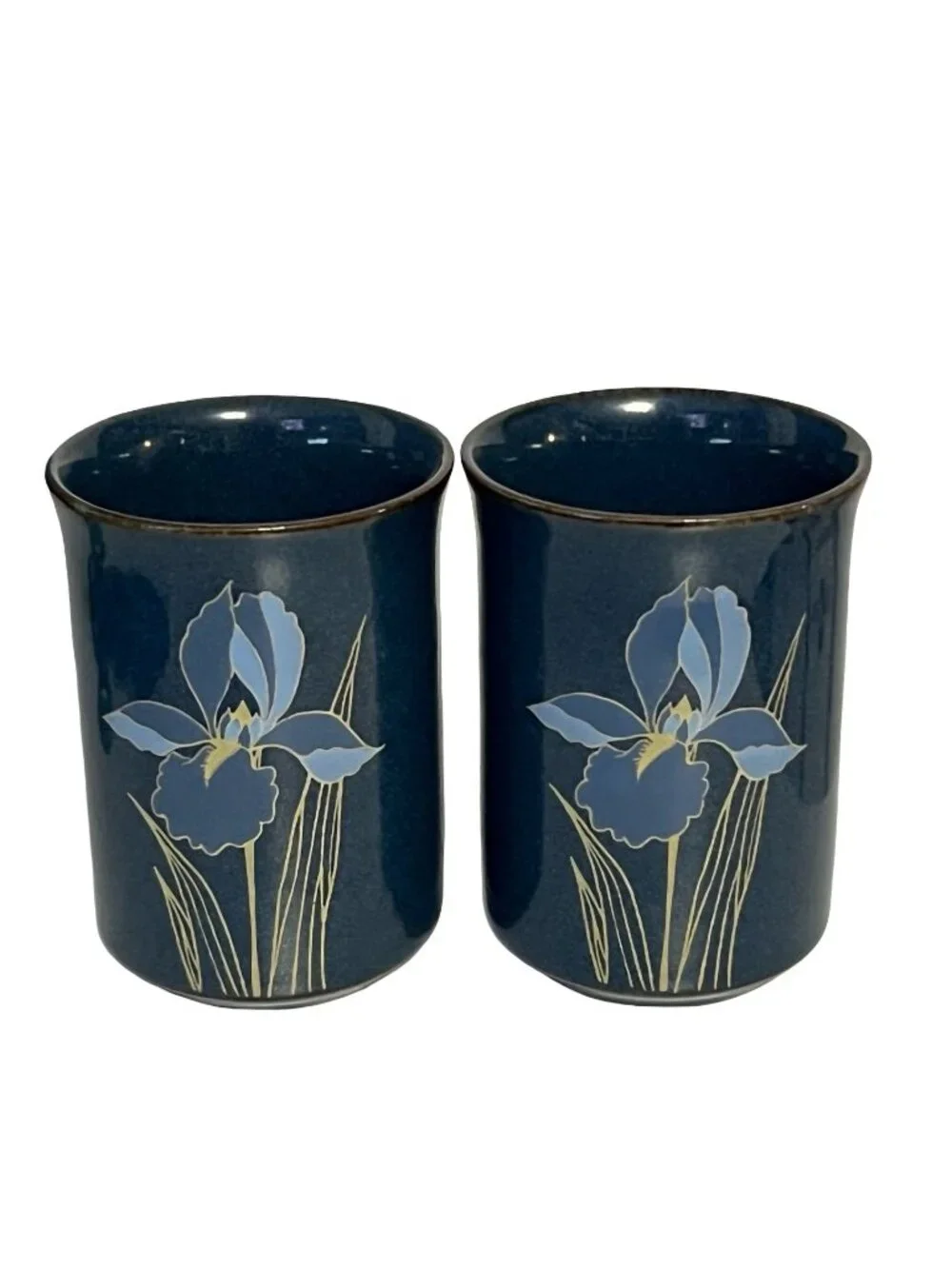 Vintage Otagiri Japan Blue Iris Tumblers Set of 2 Stoneware Cups Floral Drinkwar
