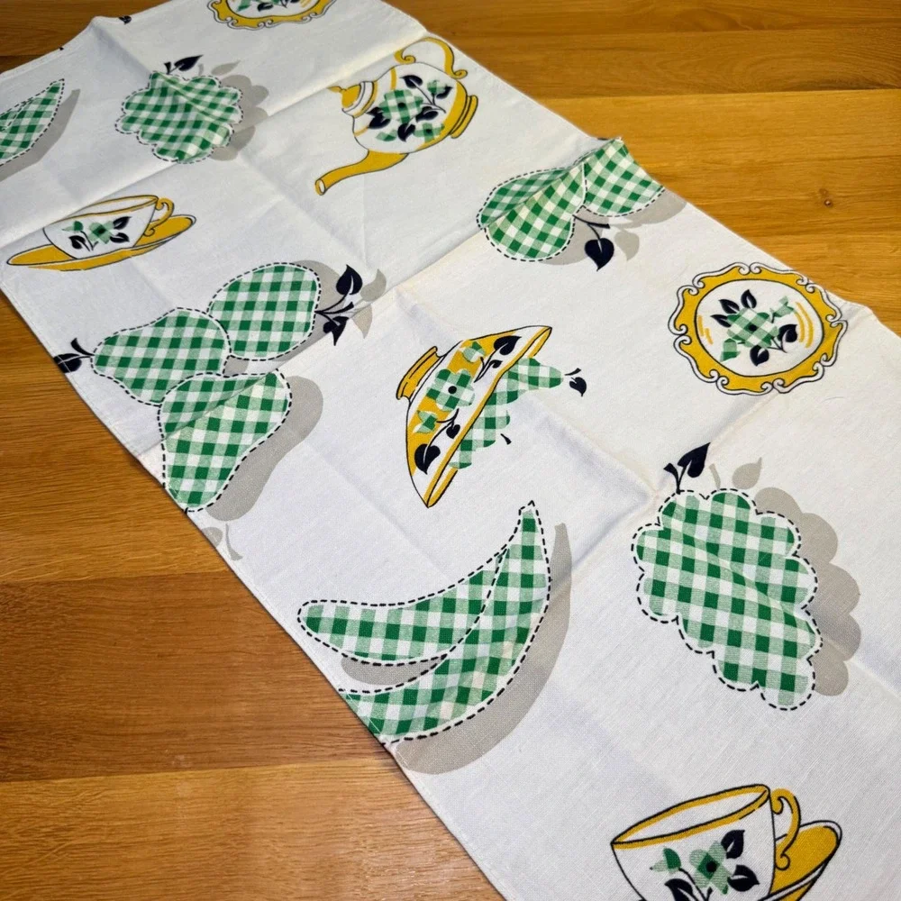 Vintage Mid Century Tea‎ Towel Green Gingham Teapot Fruit Yellow White Retro MCM