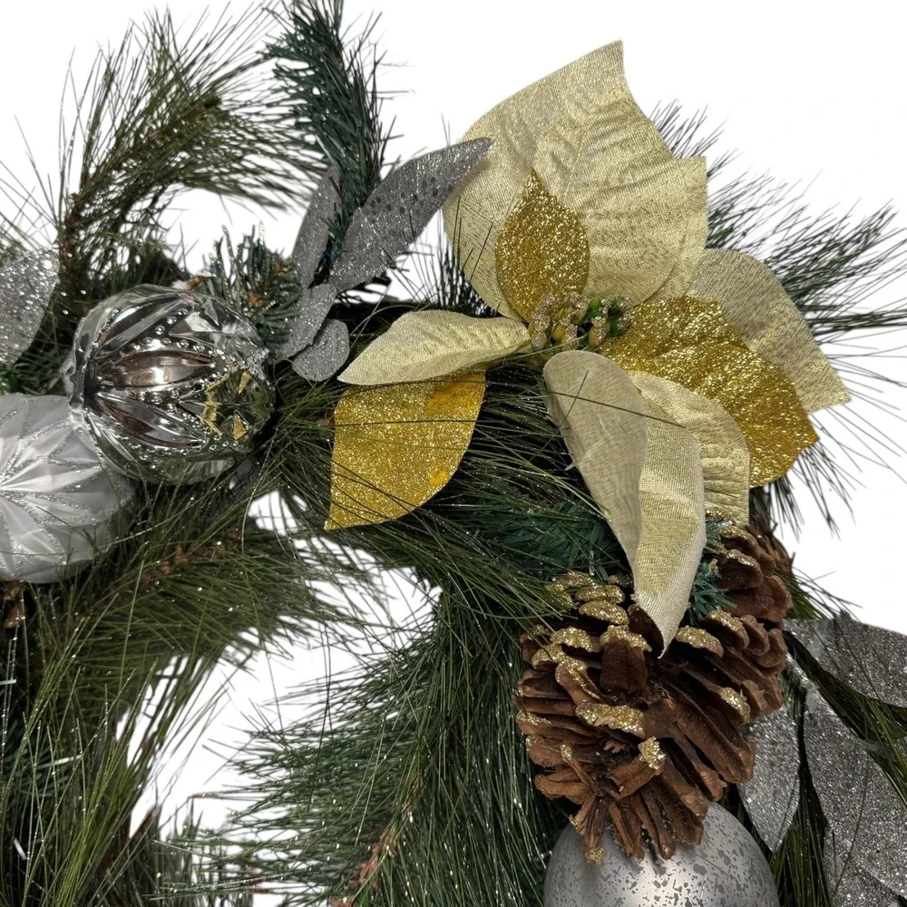 Christmas Wreath Holiday Pine‎ Cone Ornament Gold Silver Decor 15 Inch