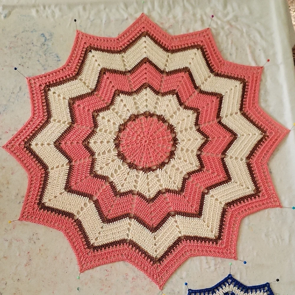NEW ANd FRESHLY PINNED/ 17in Pink and Cream Crochet Doily With A Hint Of Brown