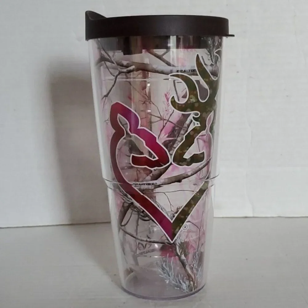 24 oz Tervis Browning Realtree Pink Doe Buck Travel Tumbler Cold Cup Brown Lid