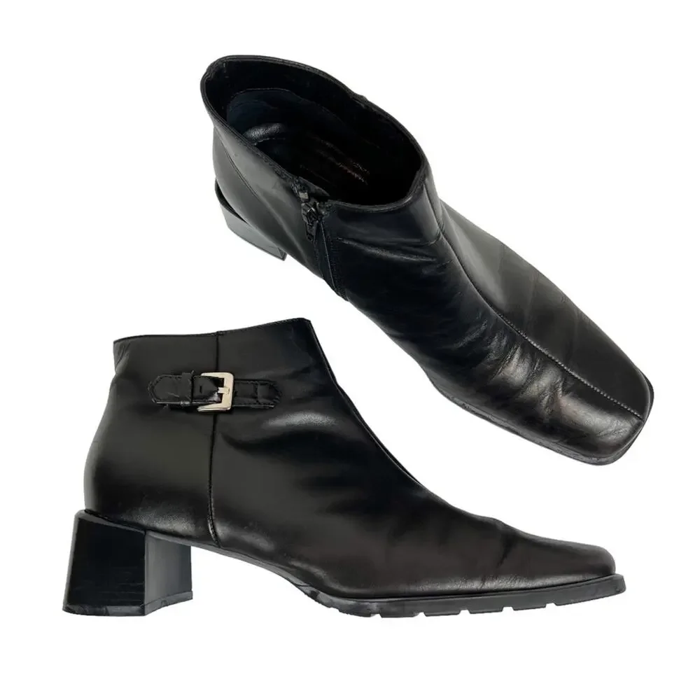 Vintage Ecco Black Leather Square Toe Ankle Boots Booties‎ Size 7