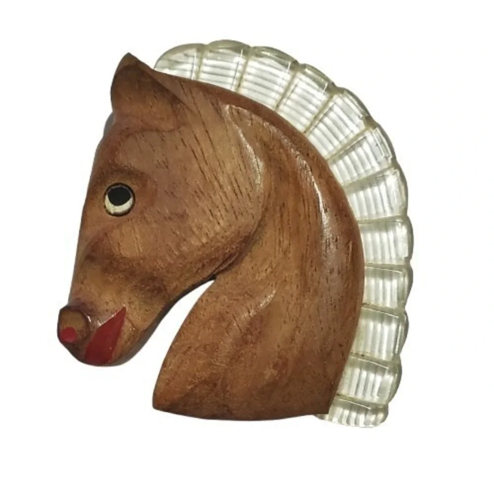 RARE Vintage Wood Horse Brooch Lucite Brooch Pin LARGE 3 1/8 x 2 3/4 inches
