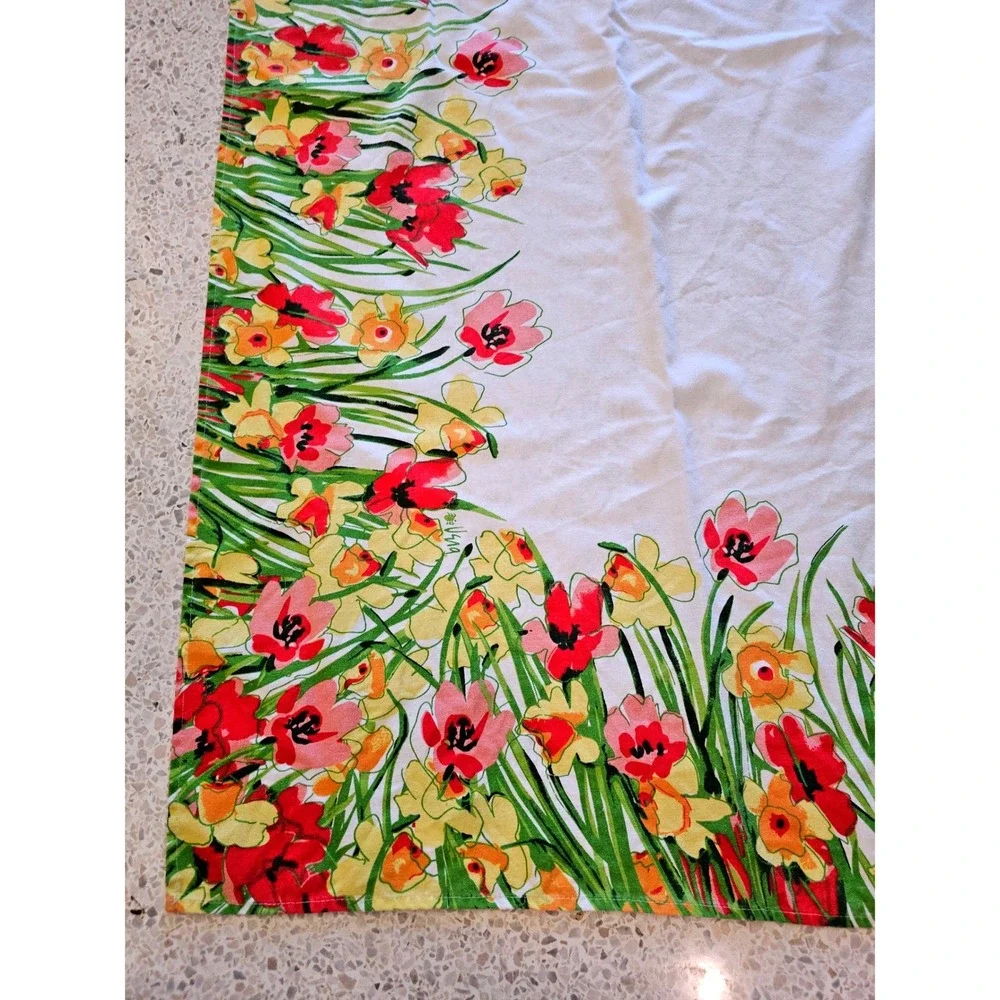 Vintage Vera Linen Tablecloth Floral Daffodil Tulip Print Rectangle 58x96‎
