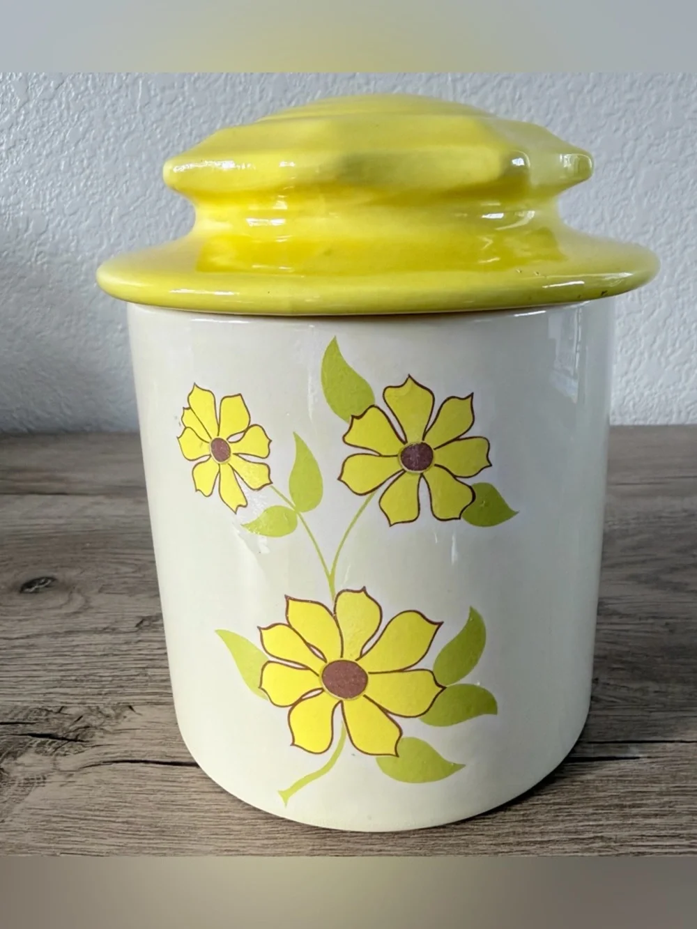 Vintage Holiday Designs Yellow Flowers CeramicGlazed Canister Yellow Lid Retro