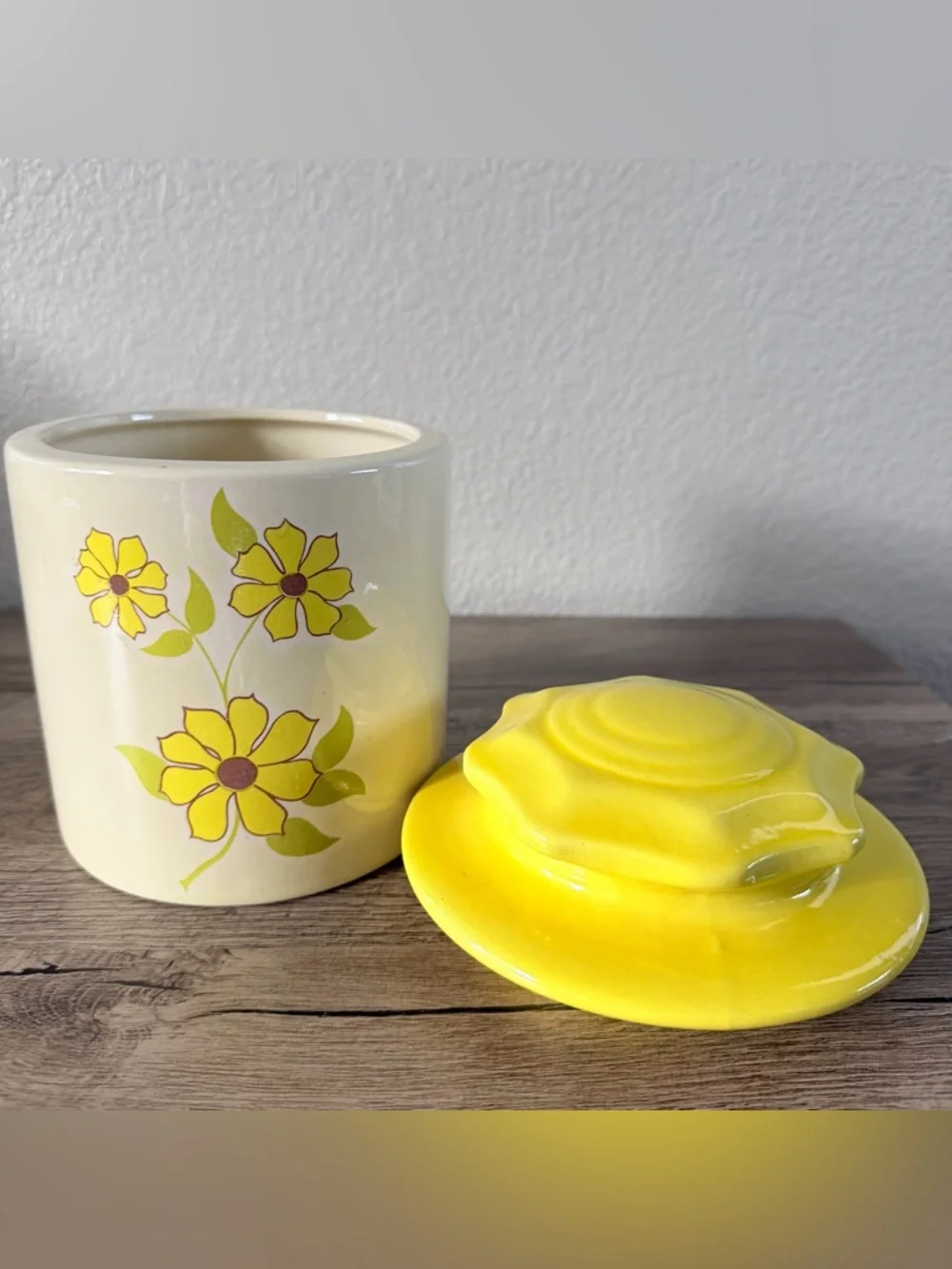 Vintage Holiday Designs Yellow Flowers CeramicGlazed Canister Yellow Lid Retro