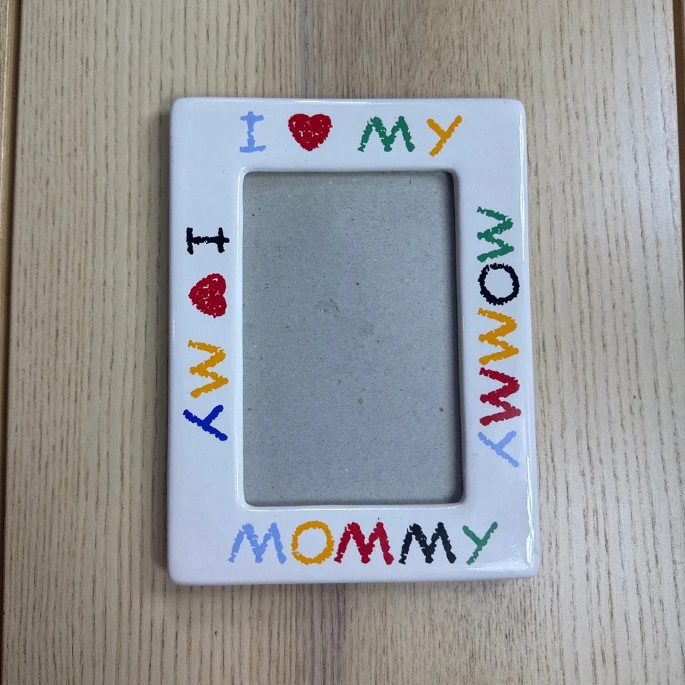 I Love My Mommy White Ceramic Picture Frame Colorful Crayon Style Hearts Gift