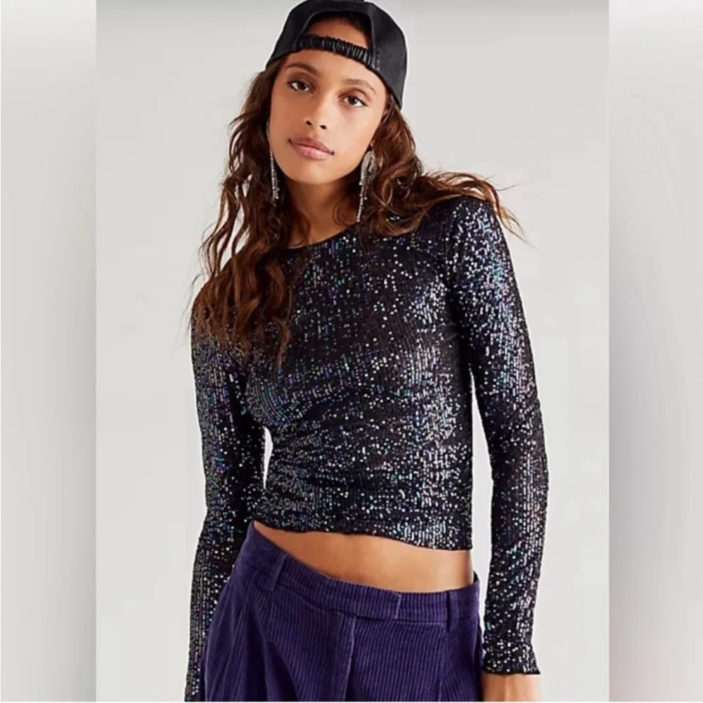 Intimately Free People Gold Rush Sequin Black‎ Long Sleeve Tee Multi Colored