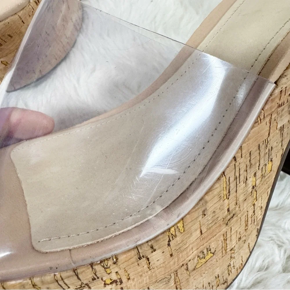 SCHUTZ Dalle Clear Cork Platform Sandal Size‎ 10.5 Chunky Heel Peep Toe Y2K