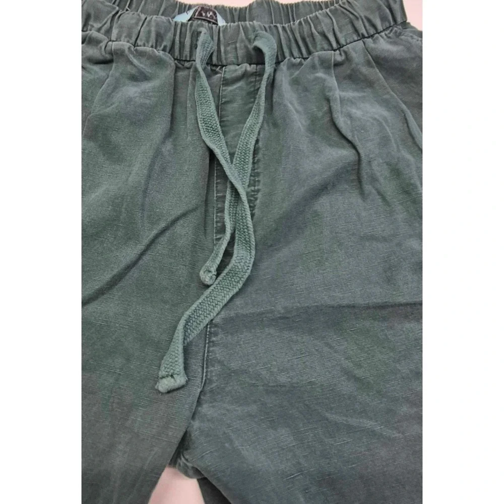 Zara women's green linen blend crop tapered drawstring casual pant sz. S pockets