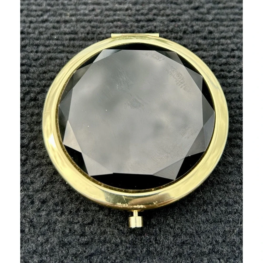 Gold Compact Mirror‎ Faceted Black Gemstone Look Purse Makeup Accessory 2.5 Inch