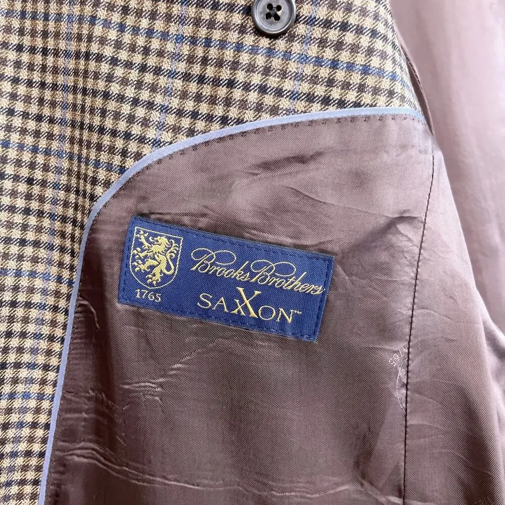 Brooks Brothers 1818 SaxXon Madison Sport Coat Brown Plaid Wool USA Mens 41R