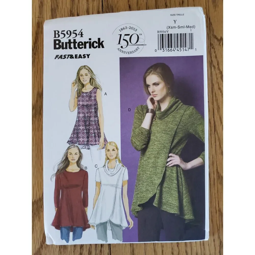 Butterick B5954 Pattern Womens XS - M Tulip Hem Front/Cowl Neck Top New Uncut
