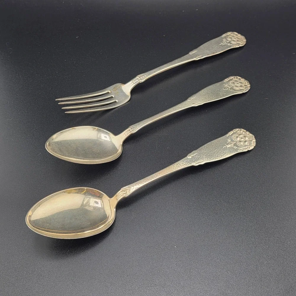 Antique A. Frisch 830S Silver Flatware Set 3pc Floral Monogrammed 1926