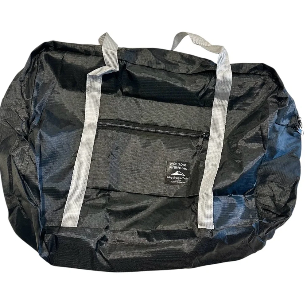 Black Foldable Travel Duffel Bag with Gray Straps