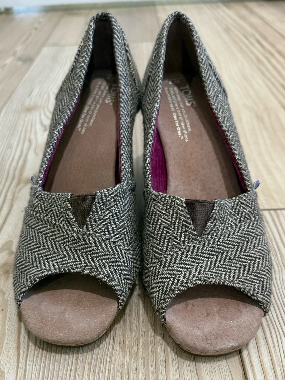 TOMS Brown Herringbone Cork Wedge Peep-Toe Shoes