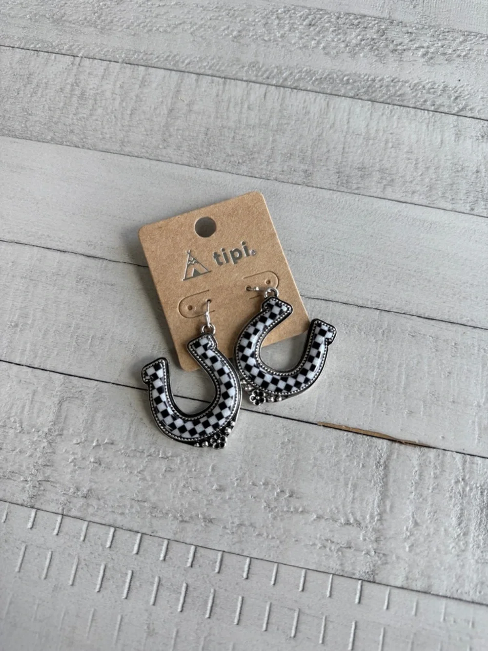 Western Fashion Black & White Checkered Horseshoe Earrings