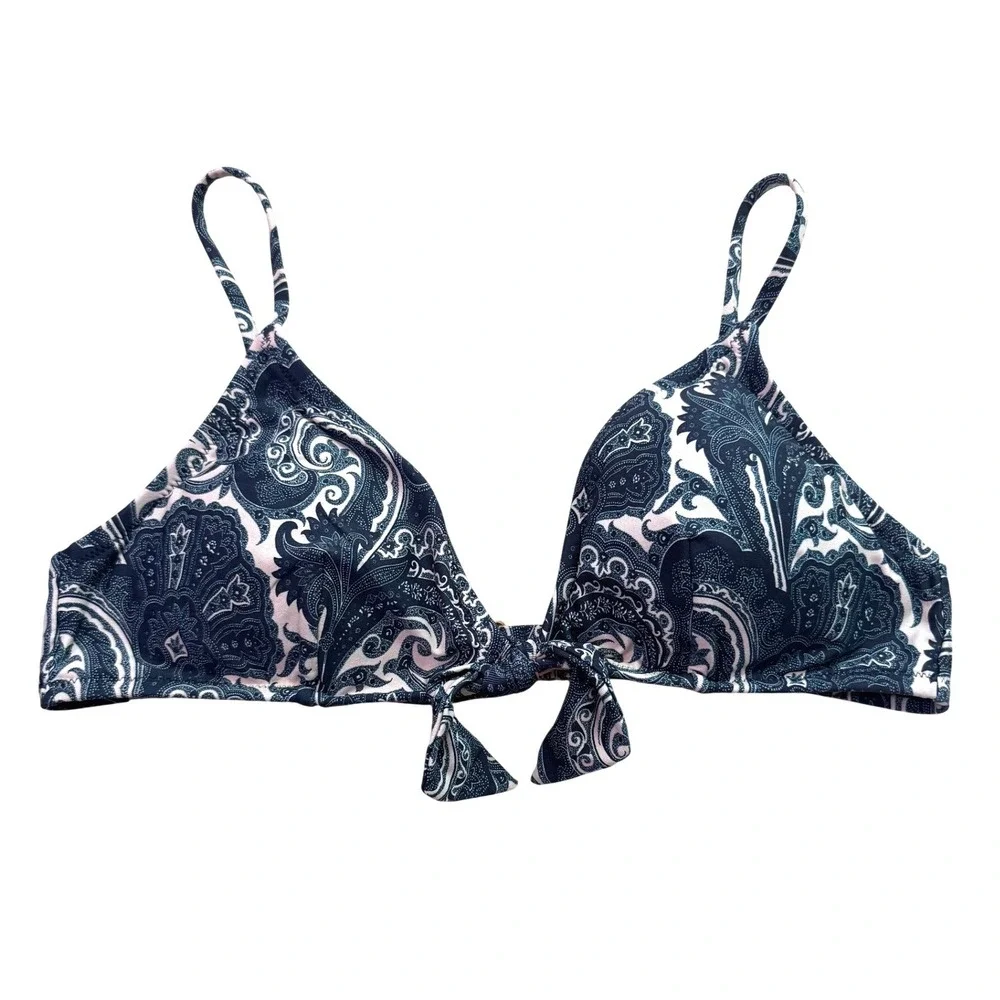 J.Crew Womens Navy Blue White Paisley Front Tie Bikini Top AY030 Medium