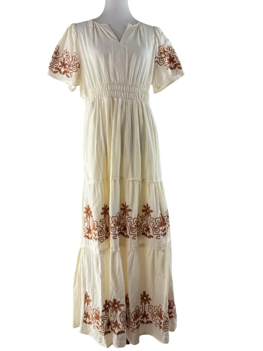 Polagram Cream & Brown Embroidered Notch Neck Short Sleeve Maxi Dress