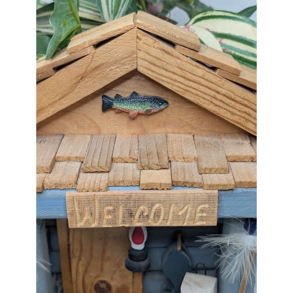 Rustic Fishing Cabin Decor w/ Faux Plant Log Cabin 