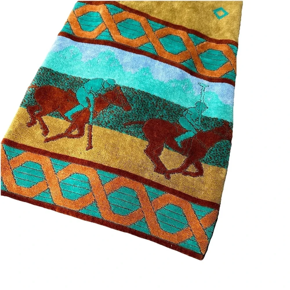 Vintage Royal Terry Beach Towel 66x38.5 Polo Horse Scene Equestrian
