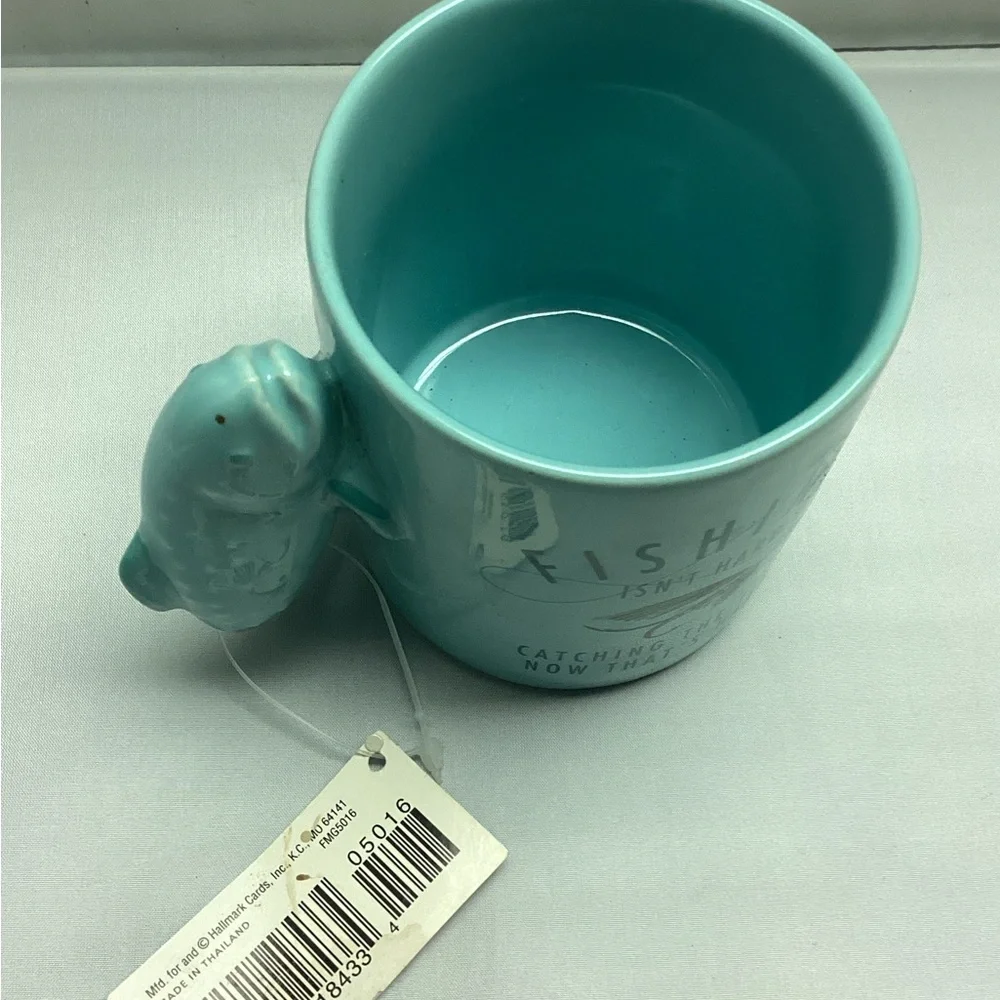 Hallmark Teal Ceramic Mug with Fish Handle and Fishing Graphic
