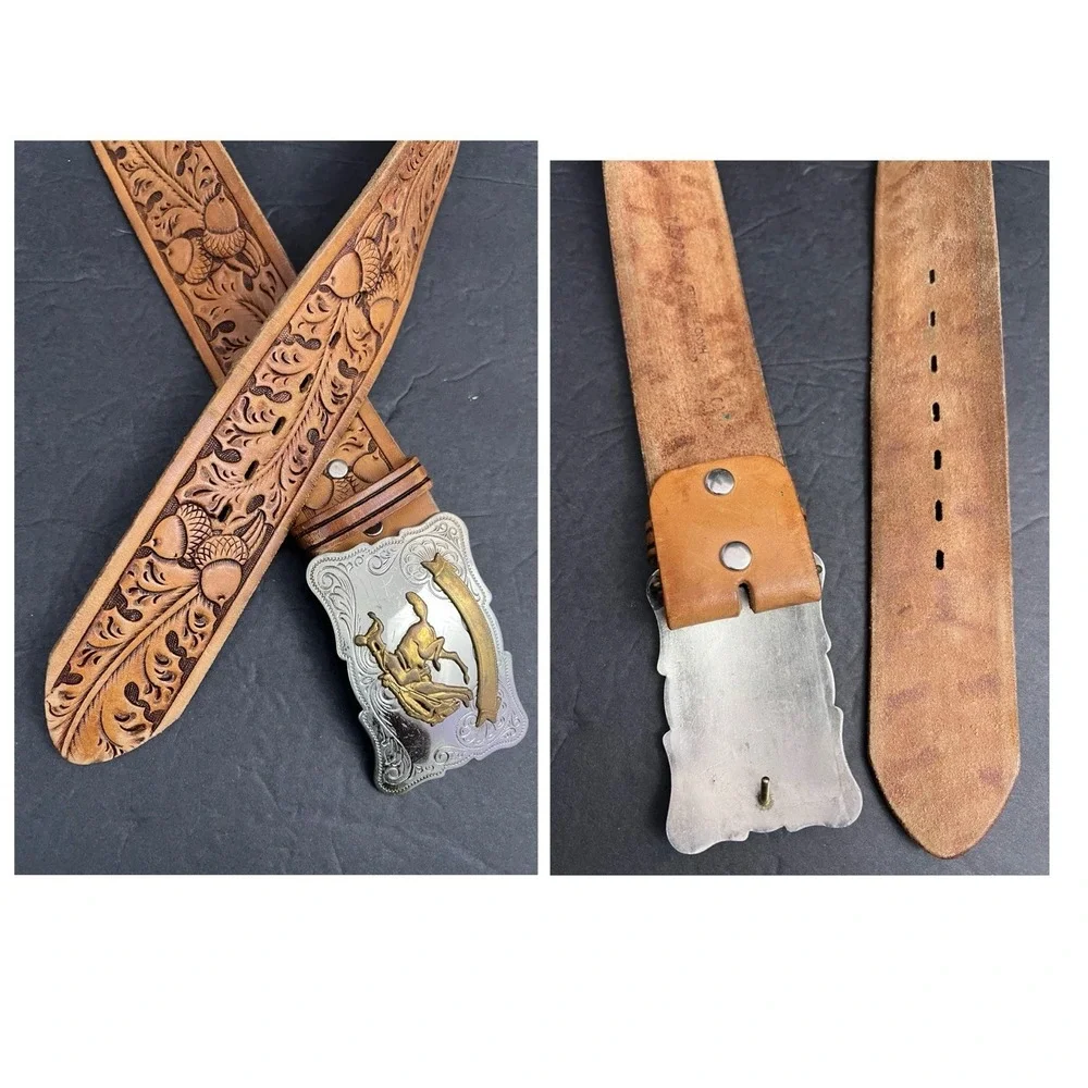 Vtg Western Tooled Leather Belt Sz 34 Nickle Silver Buckle Bronco Rodeo Cowboy