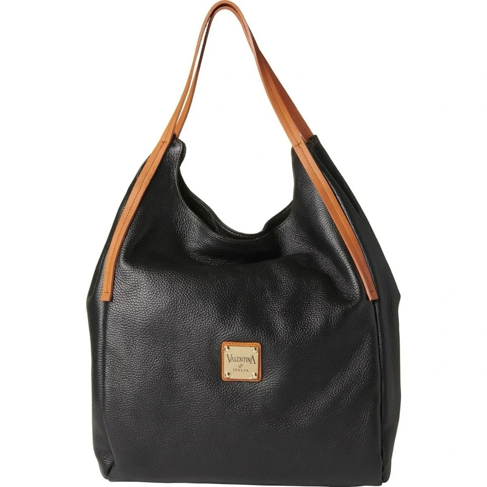 Valentina Black and Tan Pebbled Leather‎ Tote Shoulder Bag