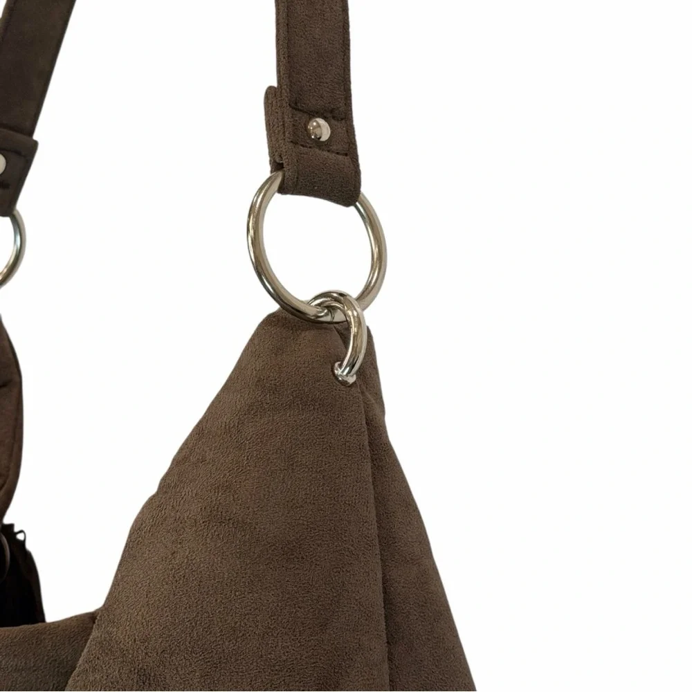 Bella Russo Large Faux Suede Hobo Shoulder Bag Taupe Brown Tassel Charm Boho