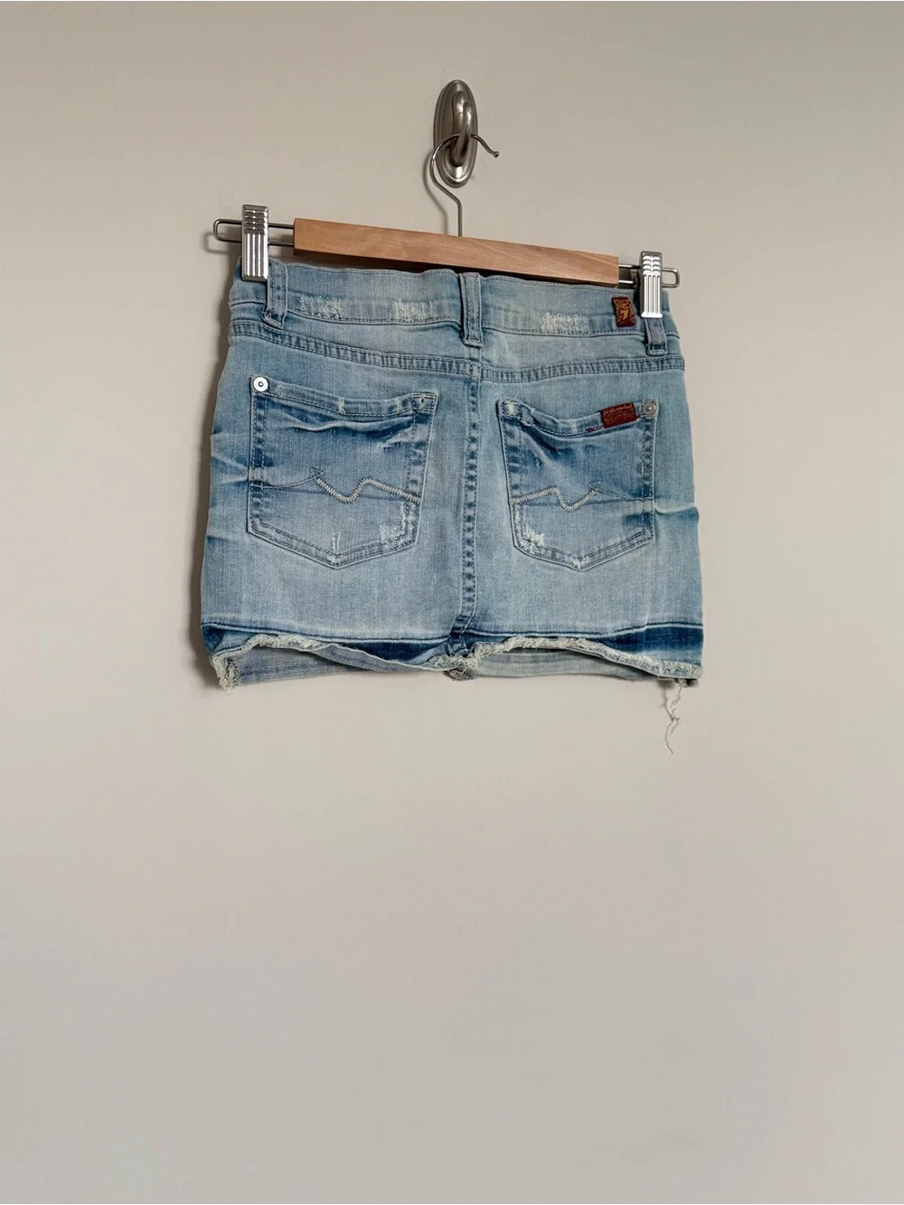 7 For All Mankind Light Wash Denim Mini Skirt Size 10 | Distressed Y2K Low Rise