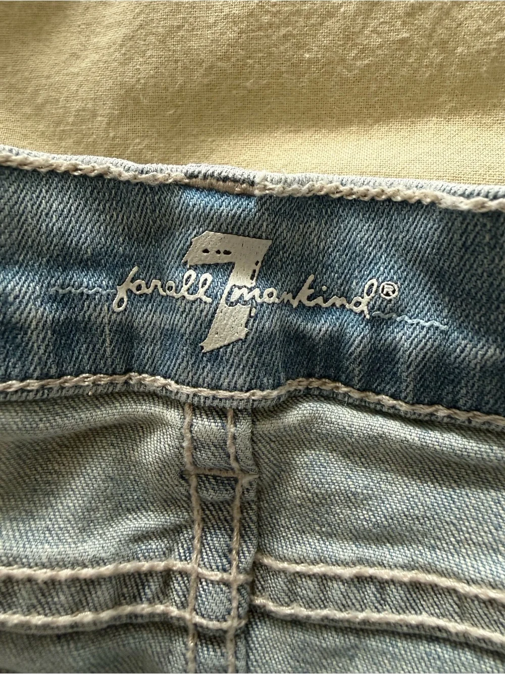 7 For All Mankind Light Wash Denim Mini Skirt Size 10 | Distressed Y2K Low Rise
