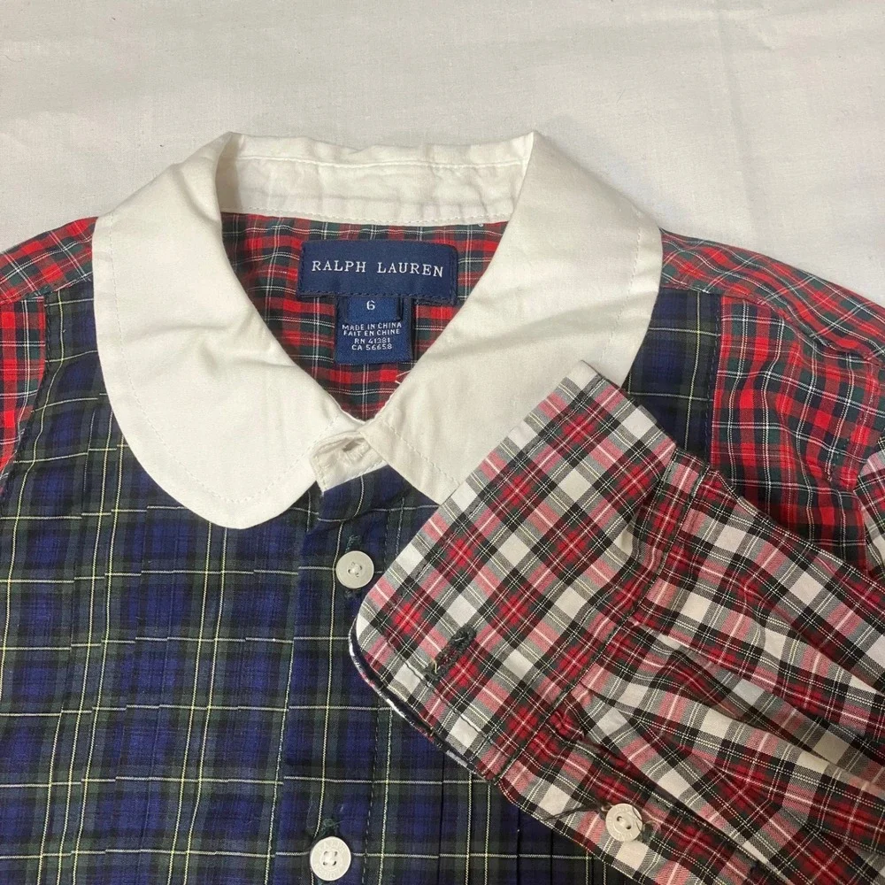 Ralph Lauren Kids Girls 6 Plaid Patchwork Dress Red Navy Peter Pan Collar Cotton
