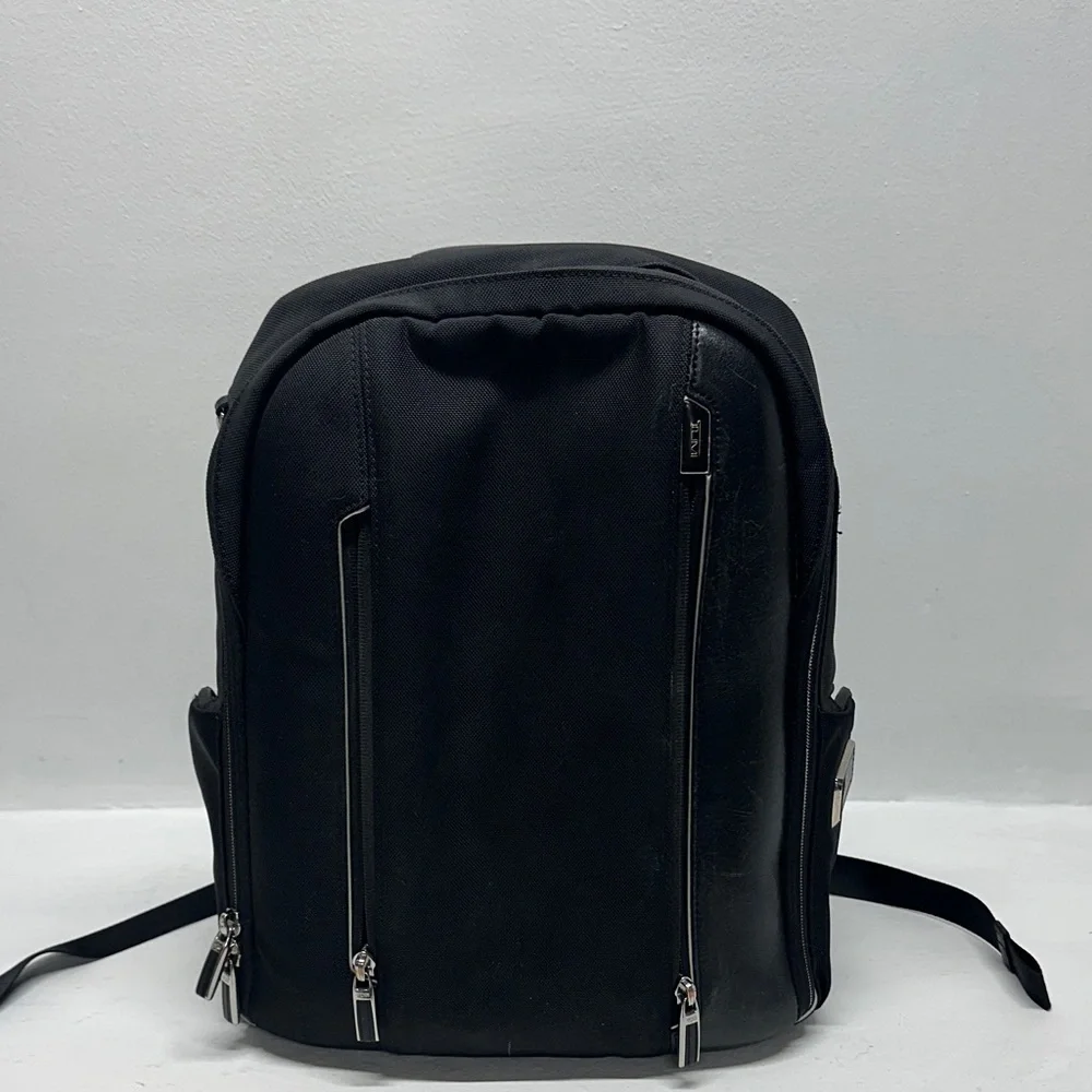 Tumi Arrive Logan Laptop Backpack Zip Rusksack Travel Bag Leather Nylon Black
