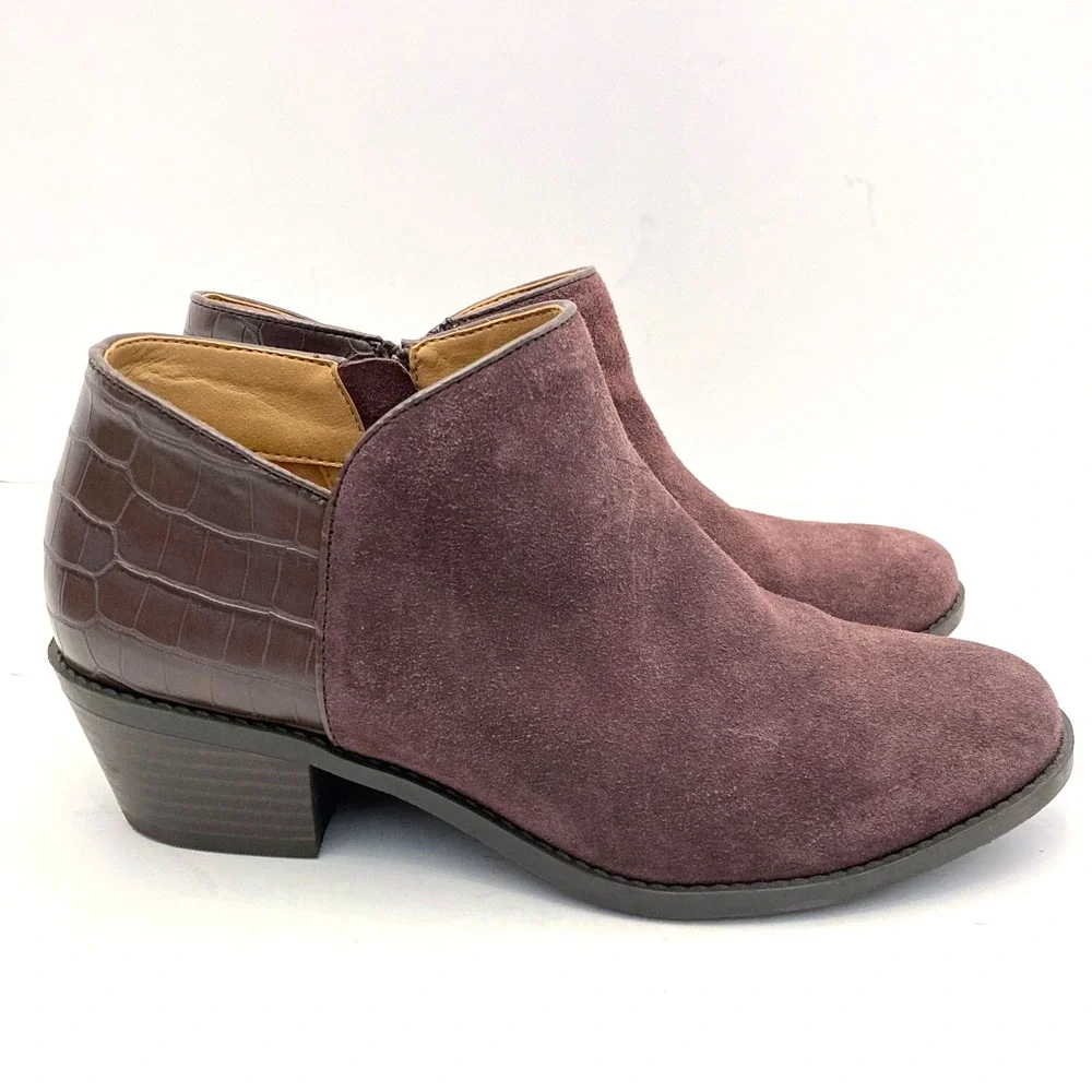 Vionic Boots Womens‎ 7 Marissa Ankle Bootie Purple Suede Leather Croc Side Zip