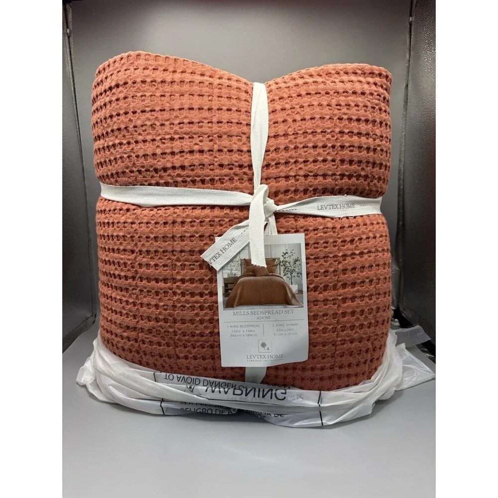 KING 3 Piece Levtex Home Mills Waffle Adobe Bedspread Set