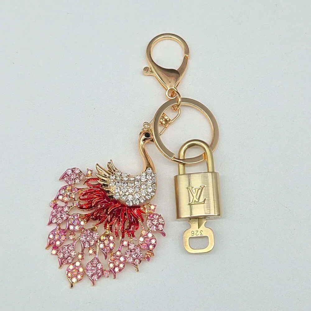 LV Authentic Gold Lock & Key 🔑 Luxury Bag Charm w/ Unbranded Peacock Keychain