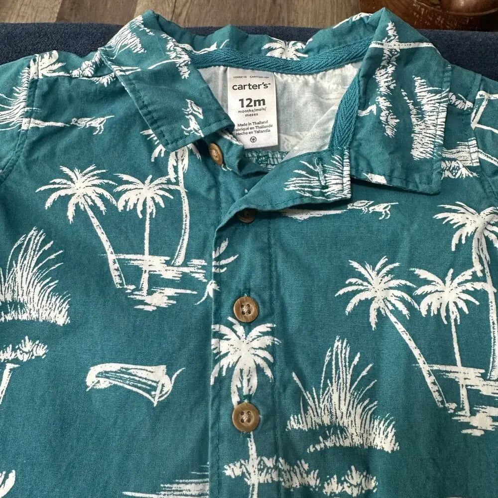 Carters Romper Toddler Boy 12m Button Down Hawaiian EUC‎