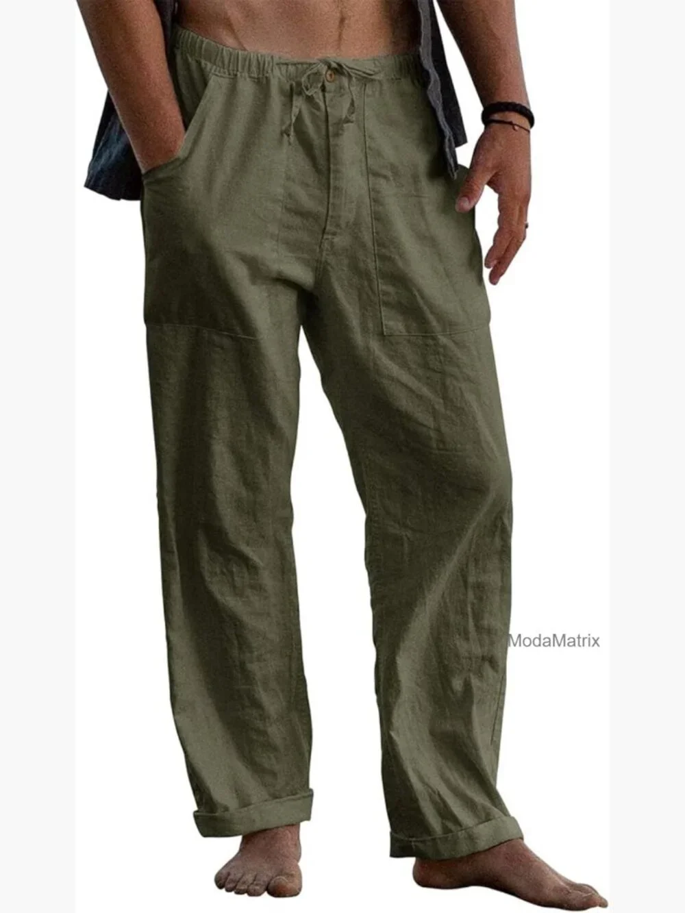 Men's Linen Pants Elastic Waist Drawstring Loose Fit Casual Summer Beach Pants